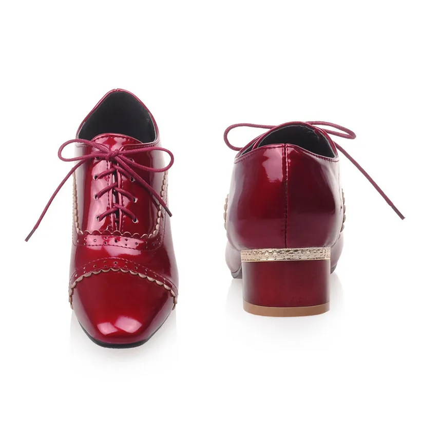 British Women Flats Patent Leather Black Red Square Toe Oxfords Derbies Brogues Vintage Casual Office Lace Up Ladies Dress Shoes