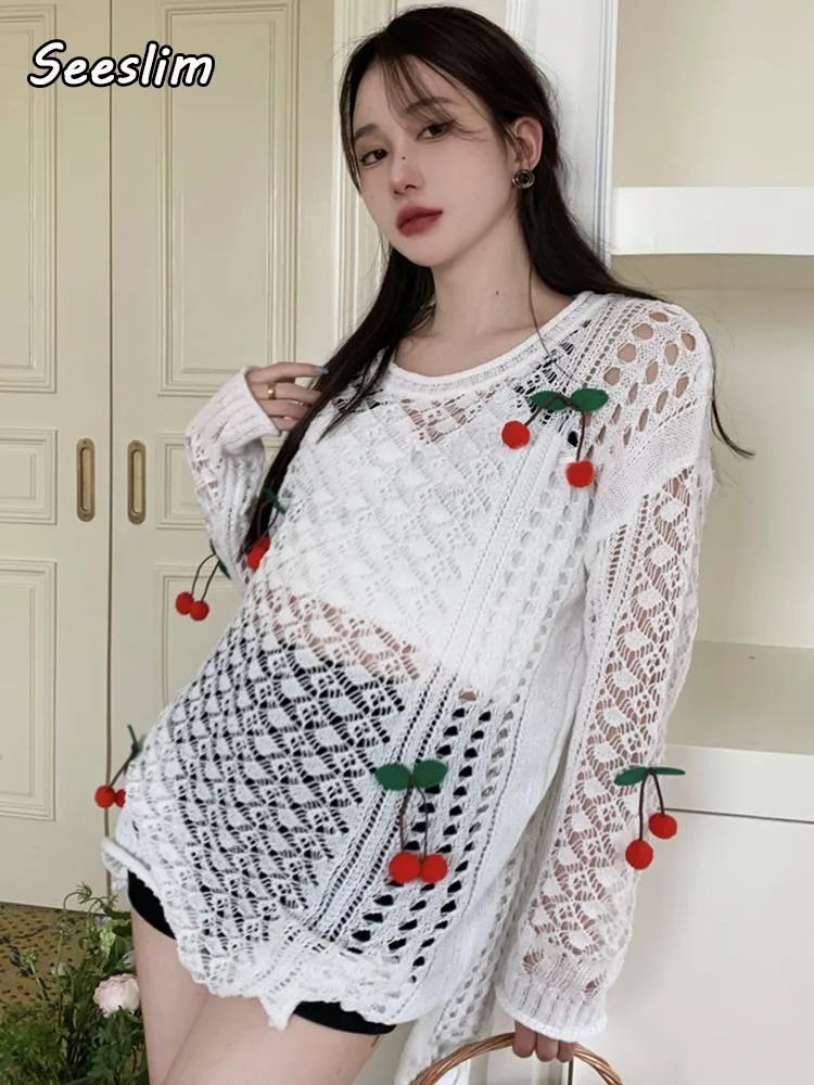 

Женский прозрачный свитер с вырезами Seeslim, винтажный свитер в стиле гранж, пуловер с вырезами в виде вишни, Осенний джемпер для дам