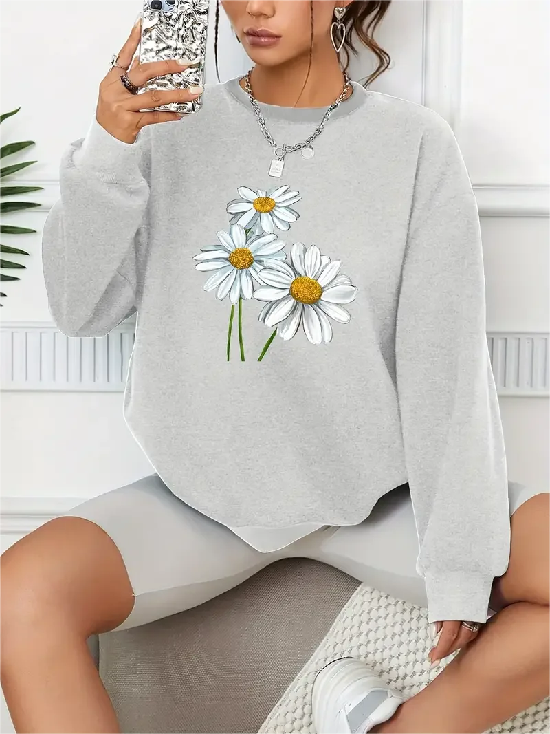 Flower Print Pullover Casual Loose Fashion Long-Sleeved Sweatshirt Solid Color Women's Clothing