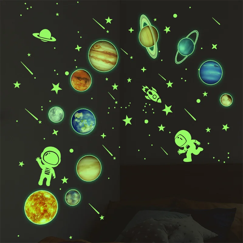 Glowing Stickers Astronaut Decals Glow In The Dark Space Planet Star Wall Sticker Child Room Decoration Self Adhesive Luminous