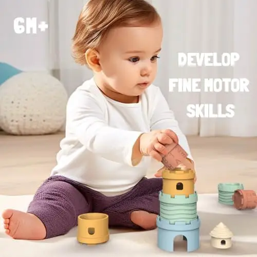 Silicone Stacking Cups Teething Toys for Babies Castle Learning Tower for Infants Toddlers Soft Bath Toy 1-3 Years gift 5Pcs/SET