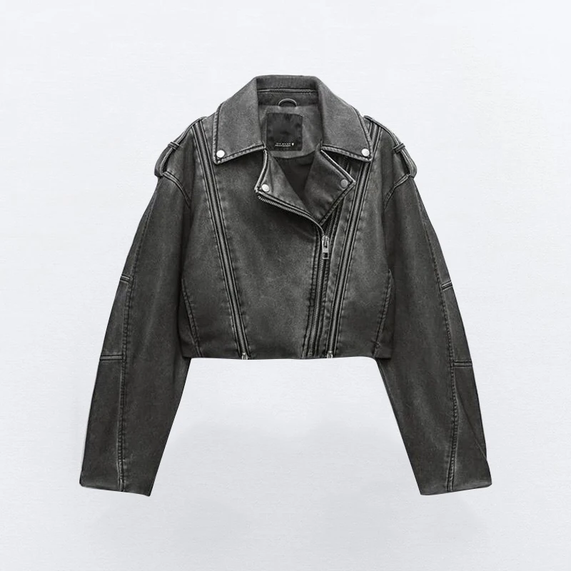 

2024 New PU Leather Jacket Coat Women's Lapel Collar Long Sleeves Distressed Biker Jacket Female Chic Faux Leather Outerwear