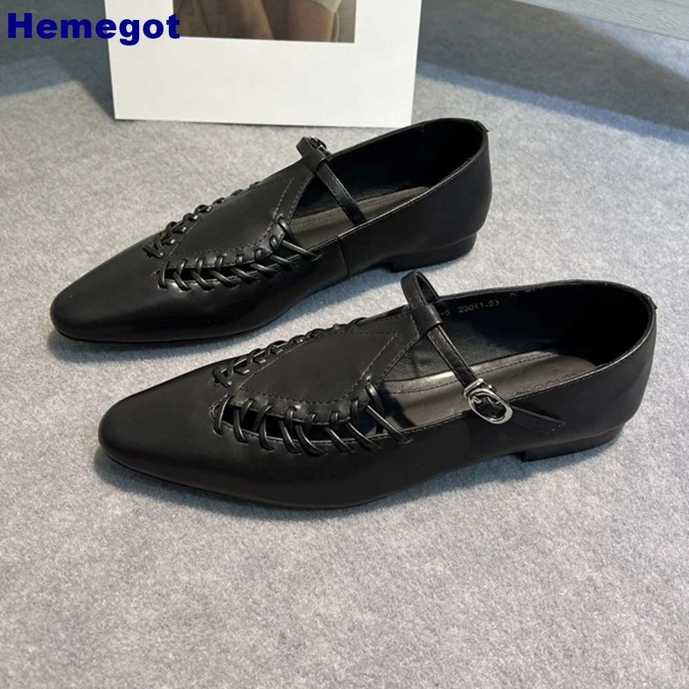 Pointed Toe Woven Leather Roman Shoes 2024 Summer Casual Shallow Buckle Comfort Flat Shoes Black Fashion Women Pumps