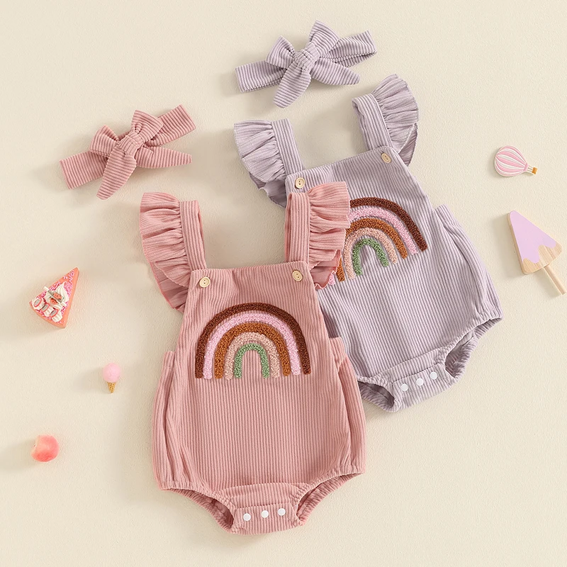 

Baby Girls Rompers Fuzzy Rainbow Embroidery Fly Sleeve Ruffles Infant Bodysuits Summer Clothes with Headband Kids Girl Jumpsuite
