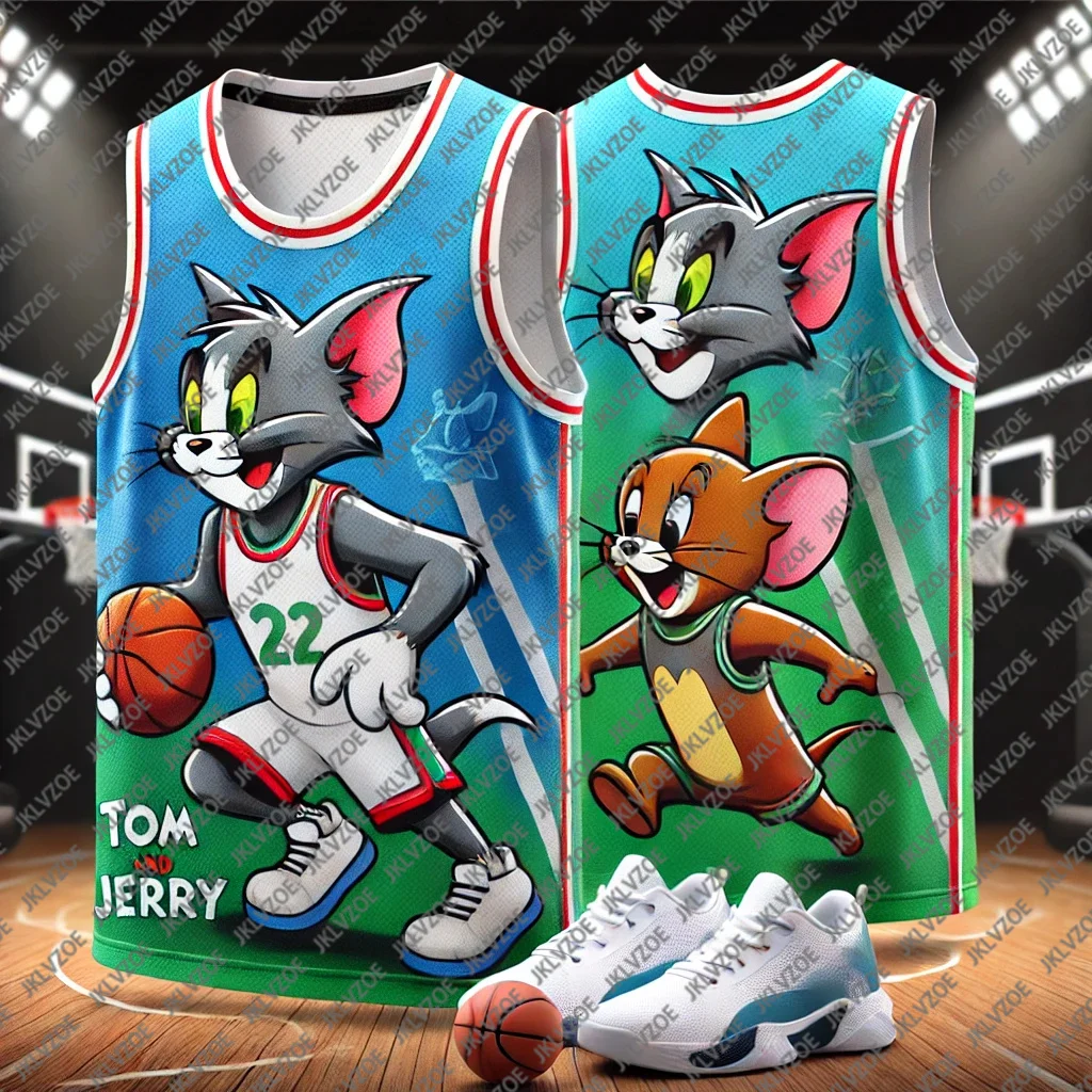 Men's And Women's Basketball Vests American Classic Anime Sports Quick Drying Vest Cat And Mouse Printed Round Neck T-Shirt children vest sportswear tshirt