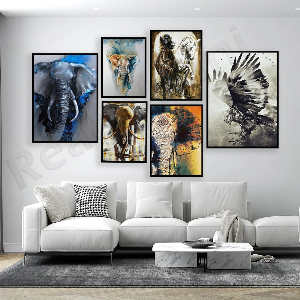 

Cow, Figurative, American Eagle, Elephant, Black and White Couple Big Noble Horse, Animal Art Canvas Print Animal Poster