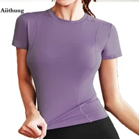 Aiithuug Short Sleeve Yoga Shirts Running Shirt Gym Workout Quick Dry Soft Tops Compress Sports T Shirt Simple Elastic Crop Top 1