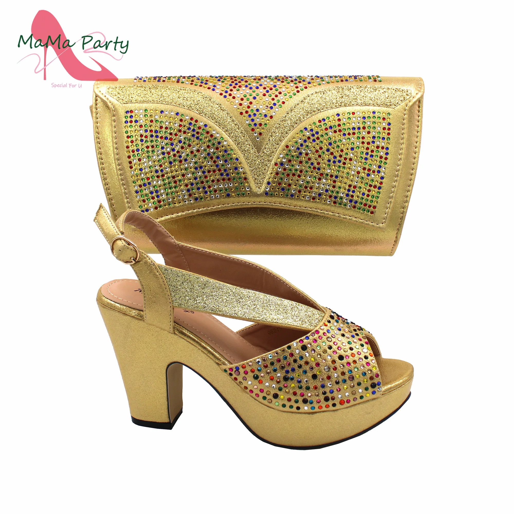 2023 New Design Decorate with Rhinestone Italian Women Shoes And Bag Set in Gold Color High Quality Pumps for Wedding Party