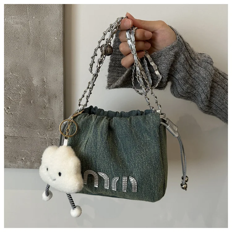 Neue Umhängetasche mit Kette für Damen, modische plissierte Mini-Beuteltasche, Canvas-Denim-Umhängetasche, Handtasche, Geldbörsen, Damen-Clutch-Tasche – Detail 22