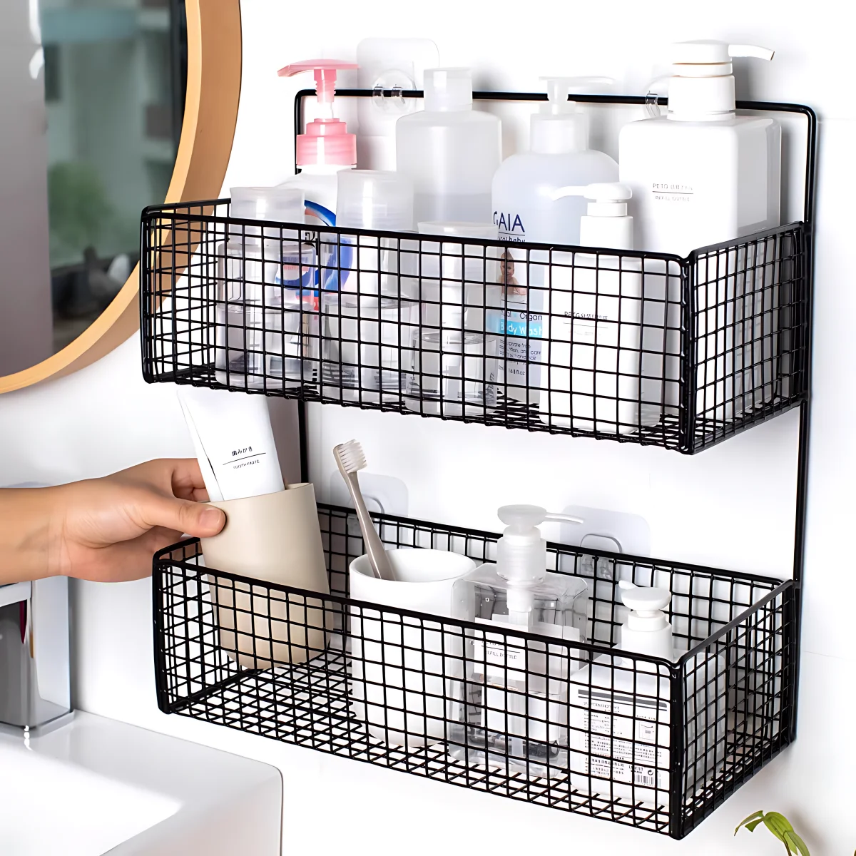 Bathroom Organiser Multifunctional Toiletries Organiser No-Punch Bathroom Shelf Bathroom Kitchen Wall Mount Storage Rack