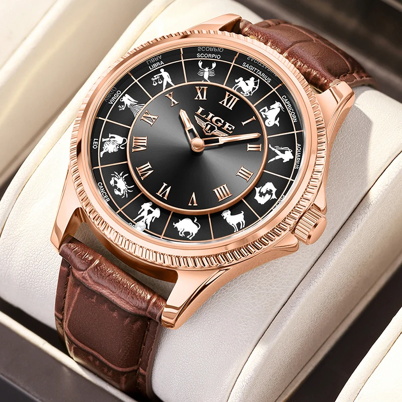 LIGE Creative Watch For Men Fashion 12 Constellation Waterproof Watches Men Casual Business Leather Luminous Quartz Wristwatch