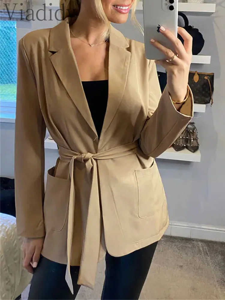 

Office Lady Solid Color Long Sleeve Pocket Design Blazer Coat with Belt