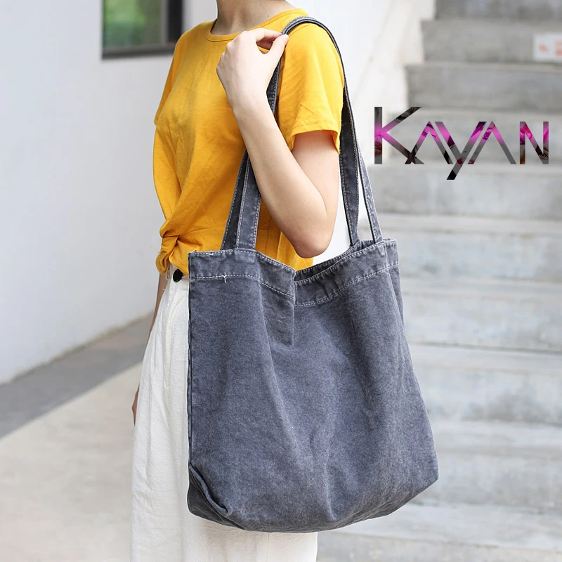 

Korean version simple literary Women Canvas handbag leisure retro large capacity fashion solid color shoulder bag