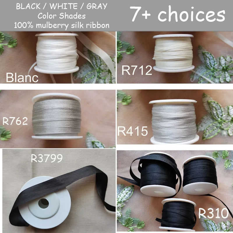 100% Genuine Pure Silk Ribbons Blanc White Grey Gray Black Cream Color ...