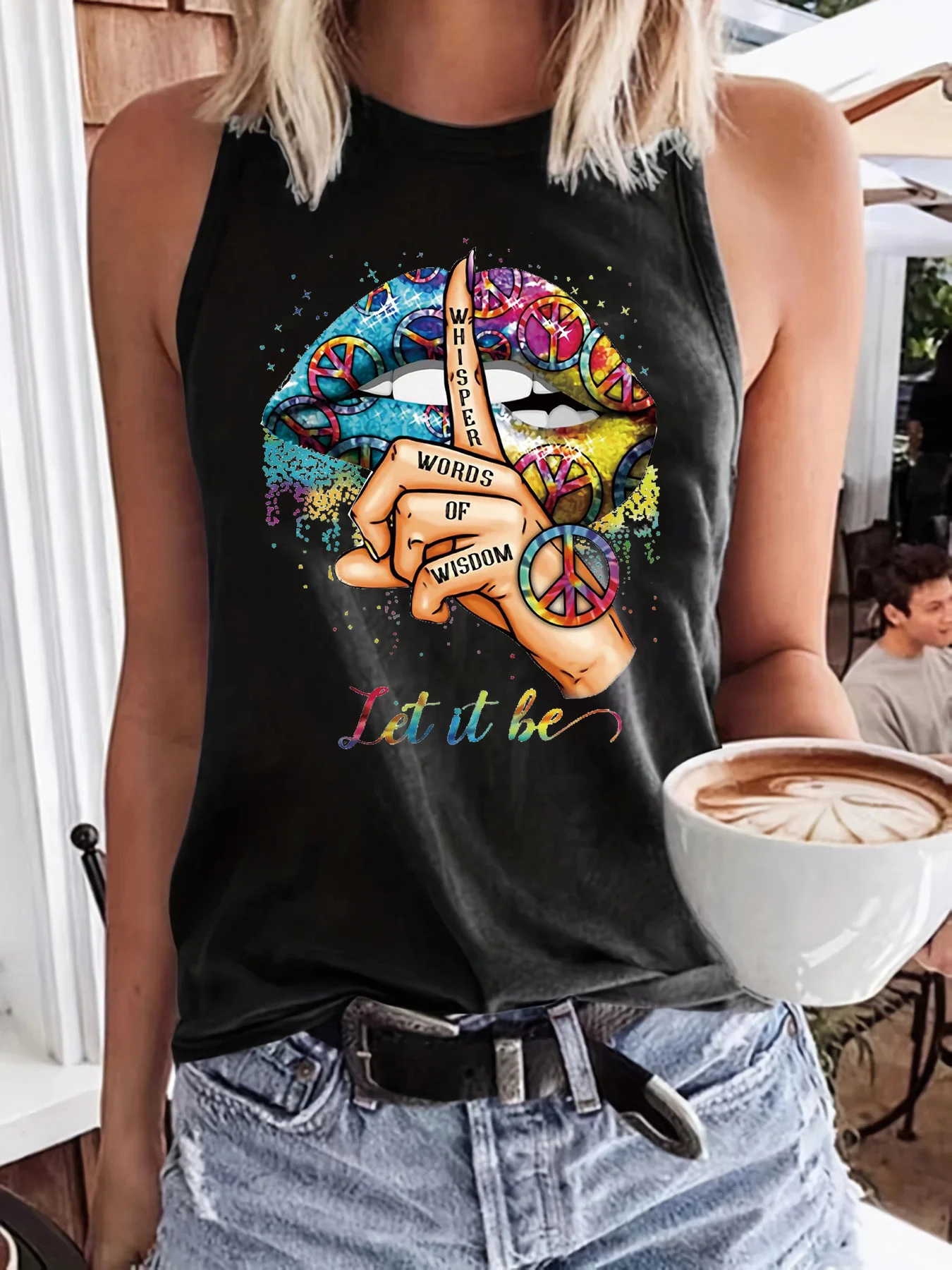 Summer Women's Colorful Lipprint Fingerprint Loose Size Round Neck Sleeveless Tank Top T-shirt