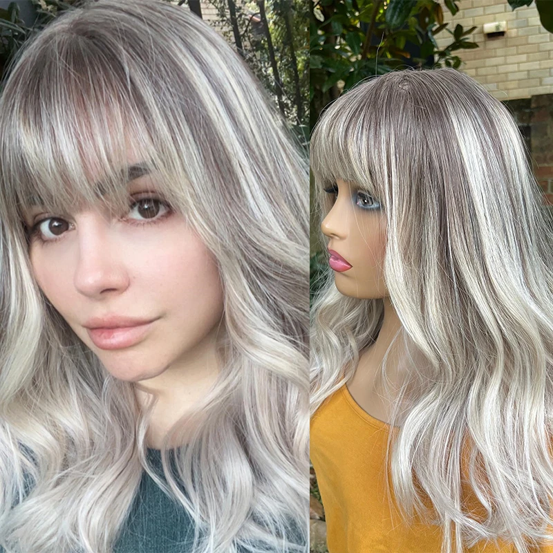 Wavy Wig With Bangs Natural Looking Human Hair Wig For Women Ash Platinum Blonde Highlights Transparent HD Lace Frontal