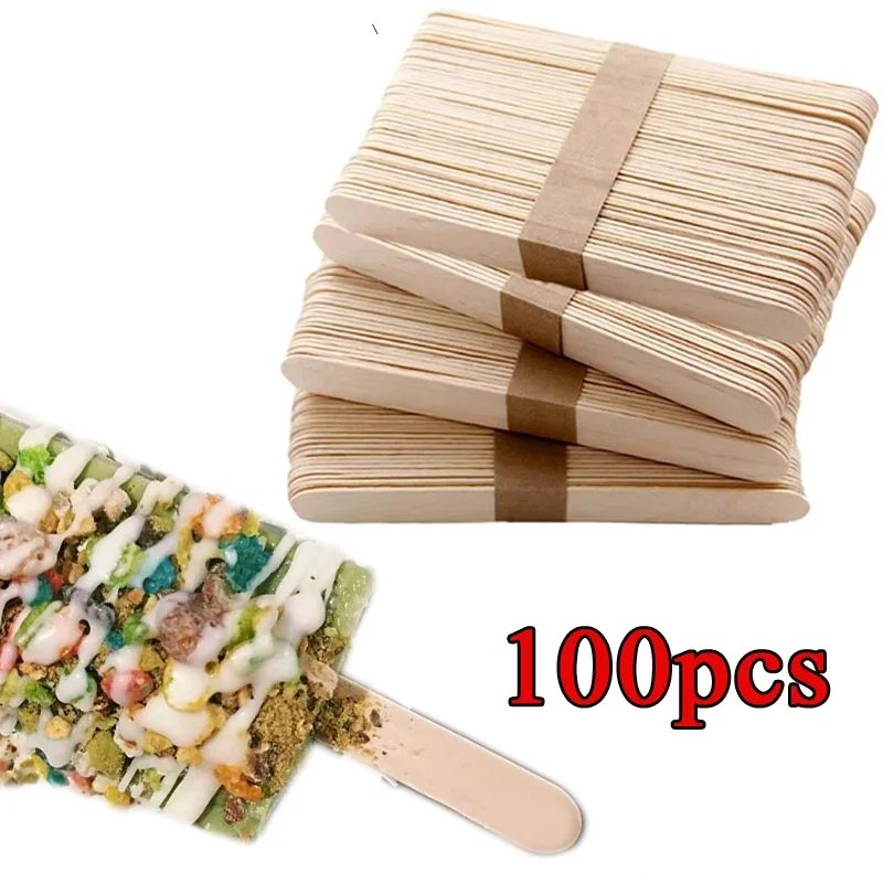 100pcs Natural Wooden Ice Cream Popsicle Sticks Wood Stick Ice Cream Spoon Hand Art Cube Lollipop Cake Tools