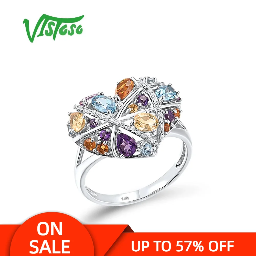 

VISTOSO 14K 585 White Gold Ring For Women Sparkling Amethyst Citrine Topaz Diamond Multi Gems Heart Wedding Luxury Fine Jewelry