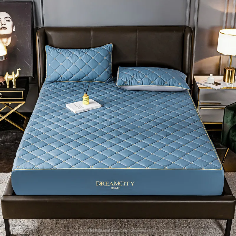 

New Embroidered Cotton Bed Sheet Solid Colour Simple Dustproof Bed Cover Protector New Active Printing Simple Style Luxury Home