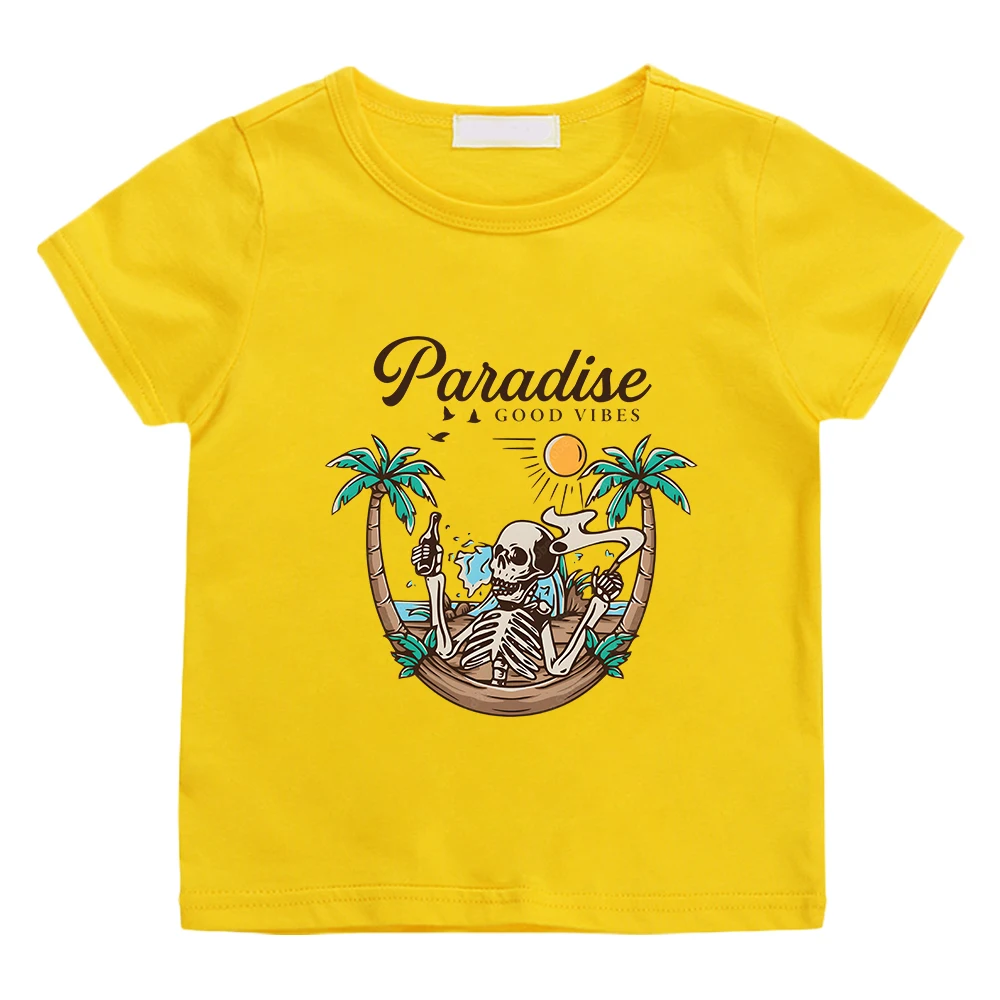 

Paradise, летние футболки Good Vibes, 100% хлопок, для мальчиков и девочек, Милая футболка, с коротким рукавом, с мультяшным рисунком