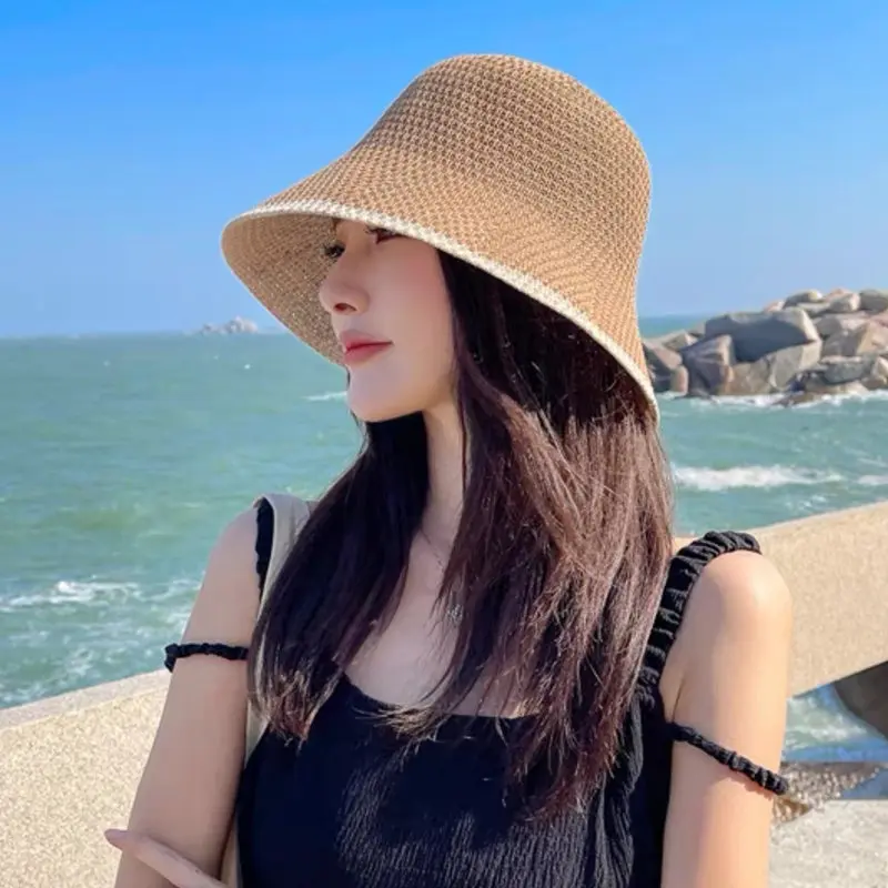 

Summer Thin Section Breathable Sunscreen Sunshade Hollow Bucket Hat Women's Ice Silk Outdoor Sports Beach Panama Chapeau Femme