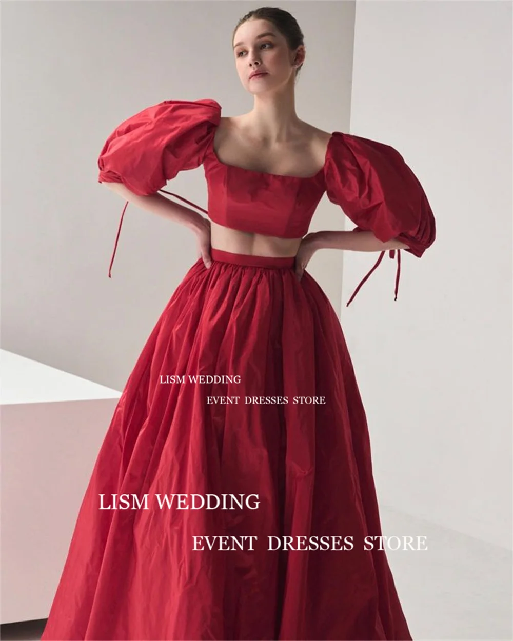 LISM 2 Pcs Red A Line Evening Dresses Photo Shoot Square Neck Short Top Prom Formal Occasion Gown High Side Split Party Dress