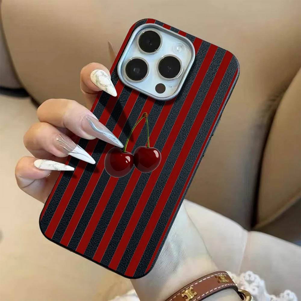 Retro Cherry Stripe Shockproof Phone Case with Lychee Texture Bumper