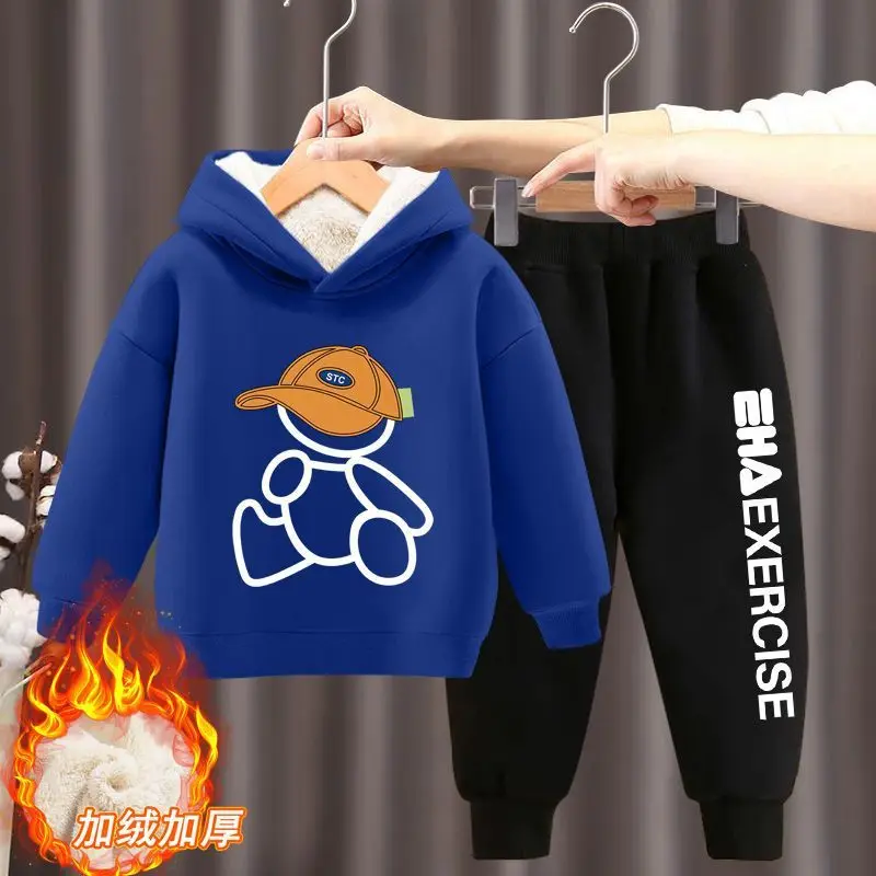 Ragazzi ragazze vestiti felpe con cappuccio pantaloni set nuovi bambini Cartoon autunno inverno manica lunga in pile felpe calde abiti 2 pezzi 2-12Y