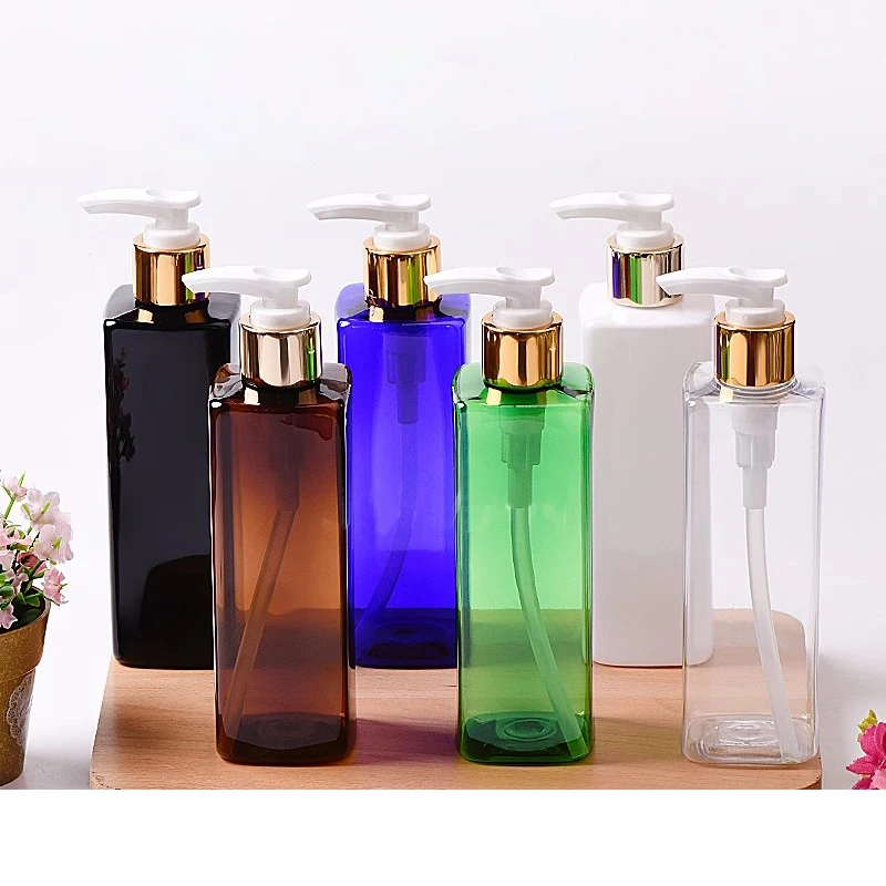 

20pcs 250ml Empty Square Black PET Bottles With Gold Collar Pump For Shampoo Shower Gel Packaging Container Liquid Soap Bottle