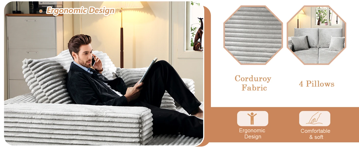 74.8" W Corduroy Double Oversized Chaise Lounge Chair