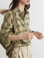 CHIC VEN femmes chemises ample décontracté nouveau ponçage chemise à carreaux à manches longues moyen Long longueur Blouses femmes hauts printemps automne 2025 2