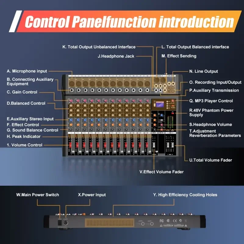 8 12 16Channels DJ Audio Mixer Mixing Console USB Sound card interface 48V for Computer MP3 microphone Recording