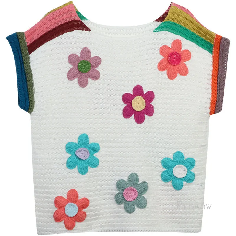 

2023 Autumn Winter white Sweater Vest with Colorful Embroidery women loose Knit Vest