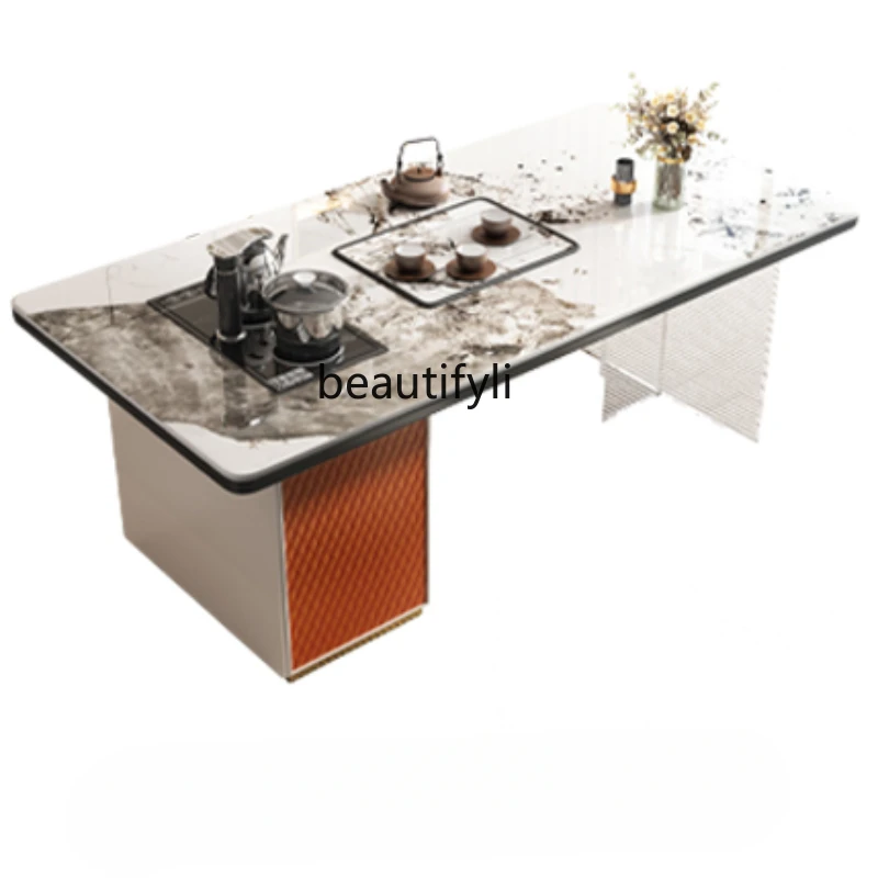 Acrylic Stone Plate Tea Table Office Modern Simple Home Balcony Kung Fu Tea Brewing Integrated Table and Chair Combination acrylic suspension stone plate tea table household living room villa light luxury modern high sense tea table office double use