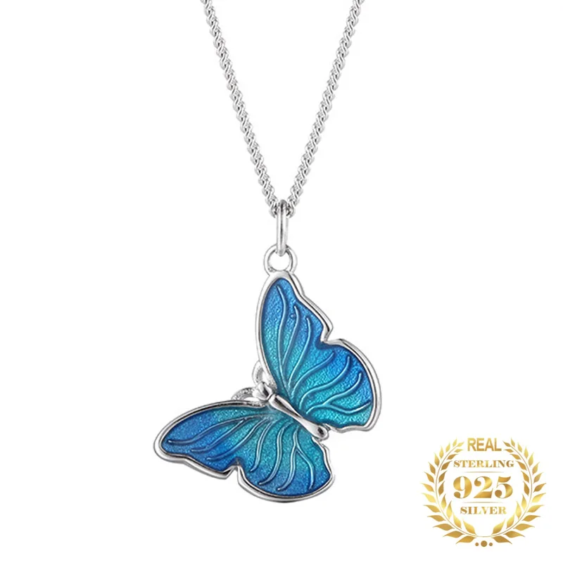 

Trendy Blue Butterfly Pendant Necklace Female Elegant Fashion Fine Jewelry 925 Sterling Silver White Gold Plated for Women