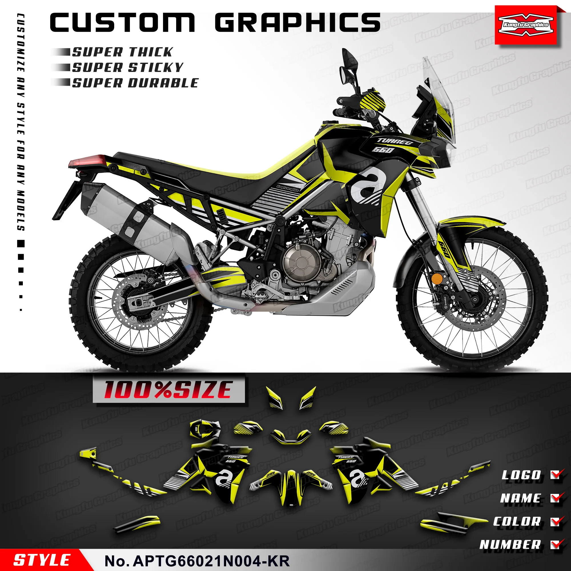 

KUNGFU GRAPHICS Racing Graphics Adhesive Decals for Aprilia Tuareg 660 2021 2022 2023, APTG66021N004-KR