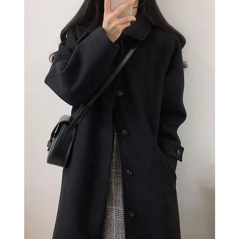 2023 Autumn Winter Women Woolen Overcoats Korean Lady Casual Loose Outerwear Black Long Coats Pure Color Basic Button Jackets