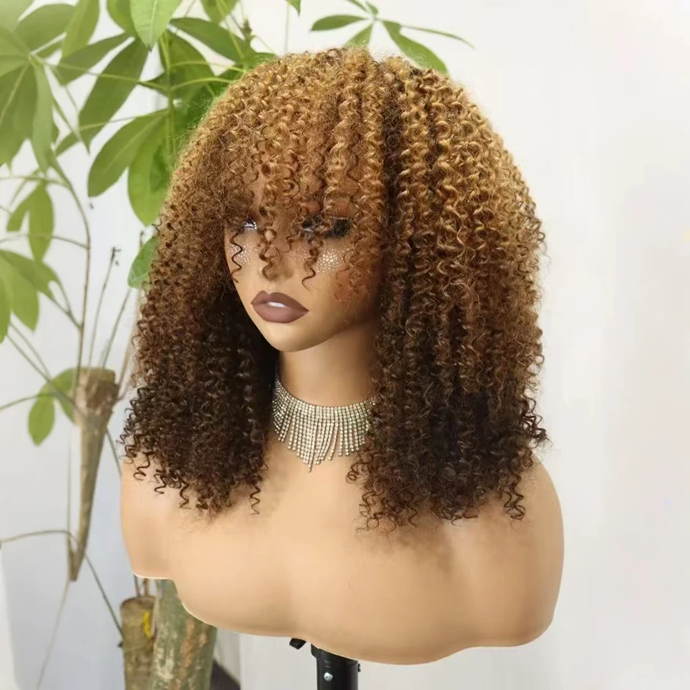 350% Density Bang Afro Kinky Curly Short Bob Cut Human Hair Wigs With Bangs Bob Wig Kinky Curly Full Machine Made Wigs For Women