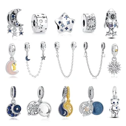 New Original 925 Sterling Silver Charms Star Moon Blue Crystal Glass Beads Fit Pandora Bracelets Necklaces Diy Jewelry For Women