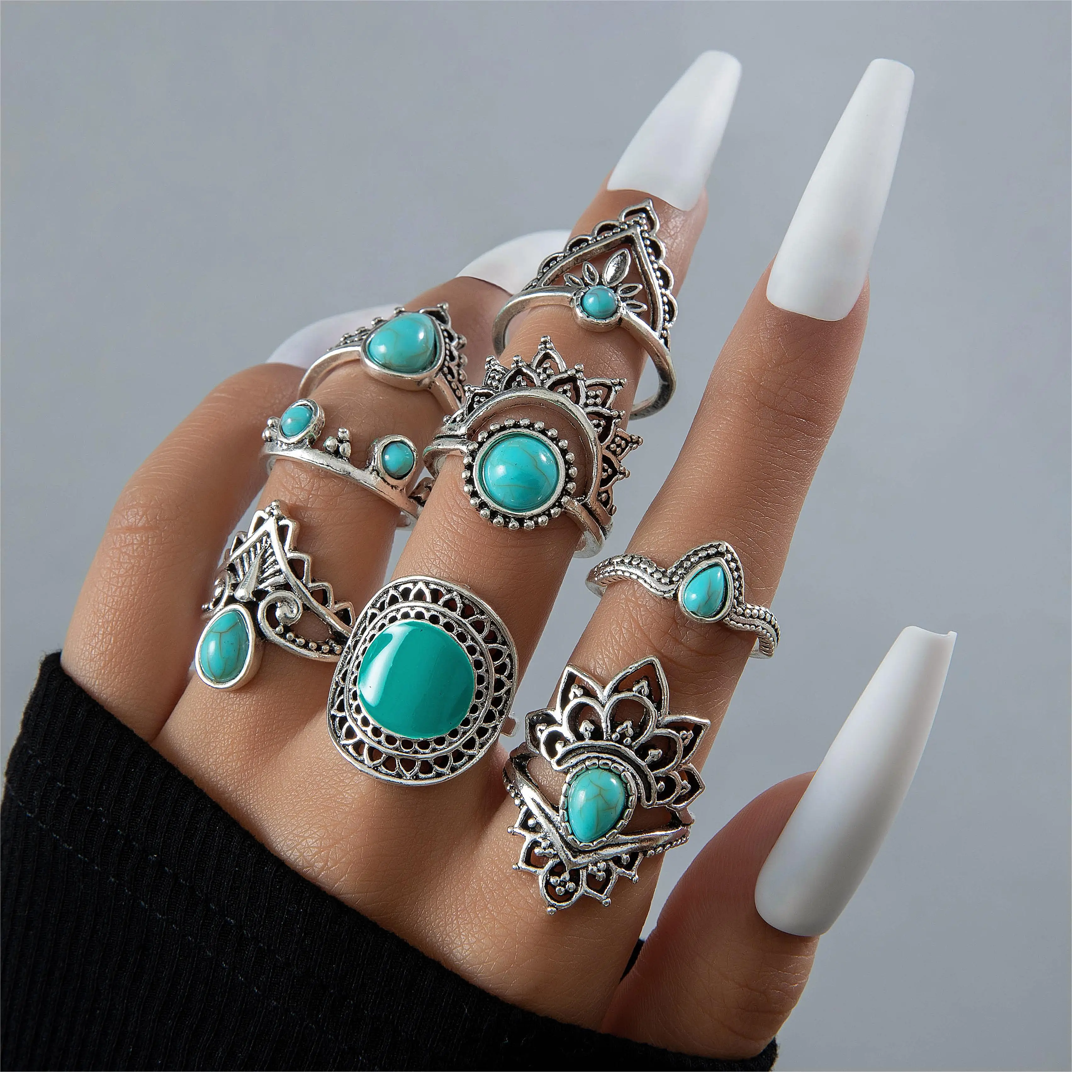 Tocona Vintage Stone Joint Ring Set For Women Men