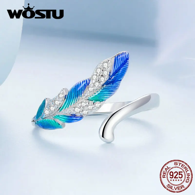 WOSTU 925 Sterling Silber Emaille Blau Feder Offenen Ring Drop Danlge Frauen Ohrringe Partei Schmuck Geschenk Bohemian Wedding Geschenk