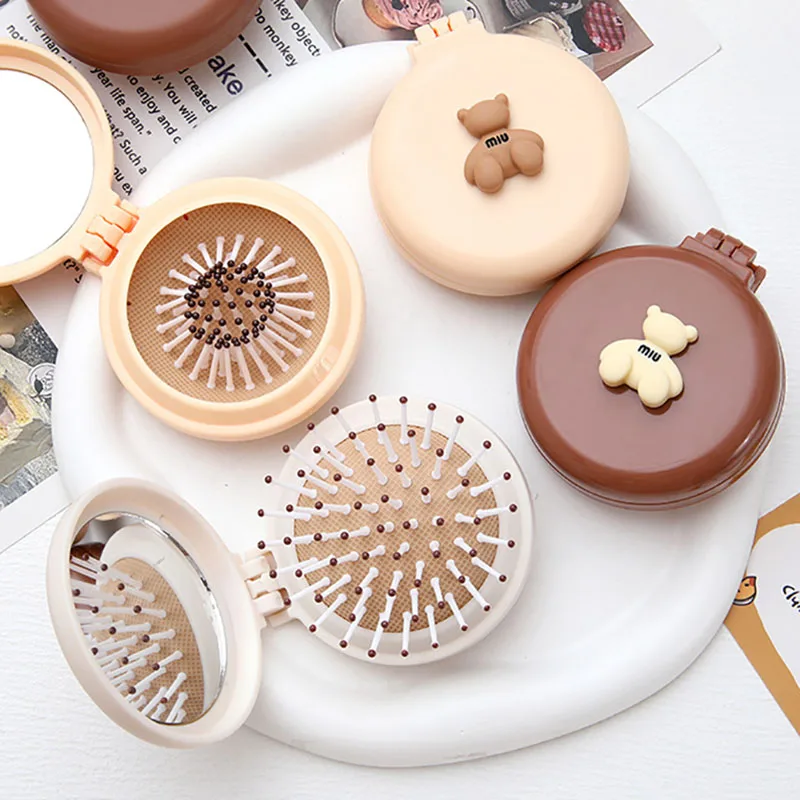 Cute Cartoon Little Bear Folding Comb For Little Girls Portable Mini Air Cushion Comb Massage Small Mirror Integrated