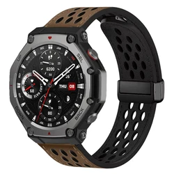 Magnetic Leather Smartwatch Sport Bracelet Loop - Premium Replacement Strap - Amazfit T - Rex 3 (Grey Brown)