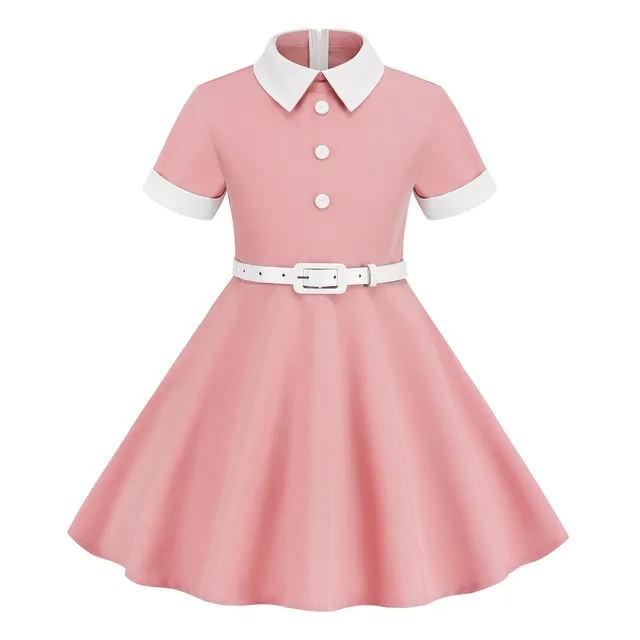 Robe de princesse Vintage pour petites filles, col rabattu, manches courtes, robe de soirée avec ceinture, rétro, robe trapèze Rockabilly des années 50 1