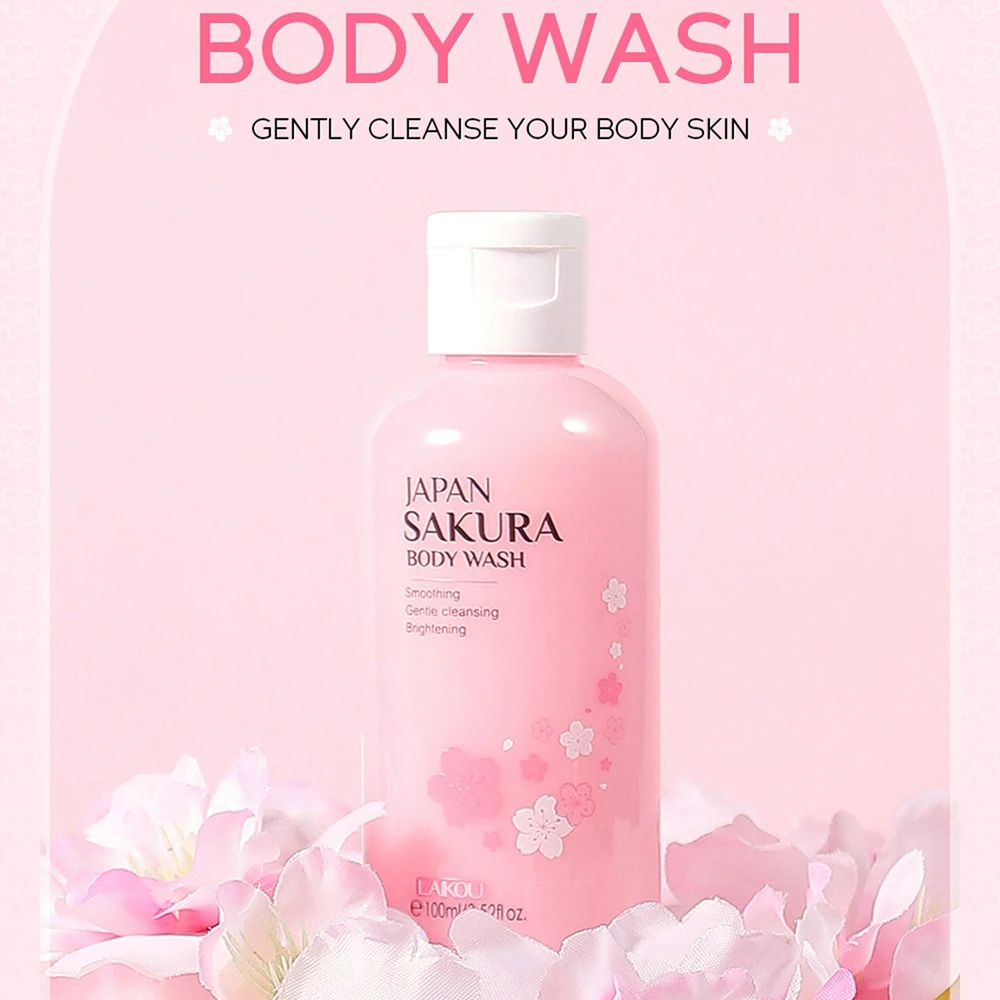 LAIKOU 사쿠라 바디 워시 샤워 젤, 100ml 로션, 부드럽고 부드러운 클렌징, 보습, 모공 수축, 브라이트닝, 바디 케어 