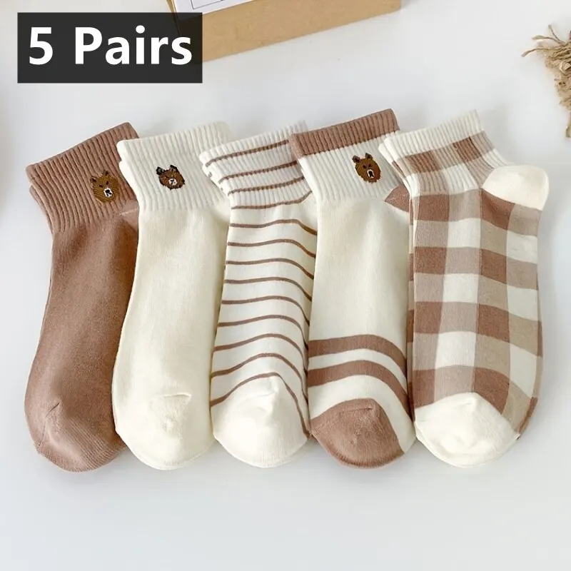 5 Pairs Teddy Bear Ankle Socks Comfy Cute Crew Short Women's Stocking & Hosiery