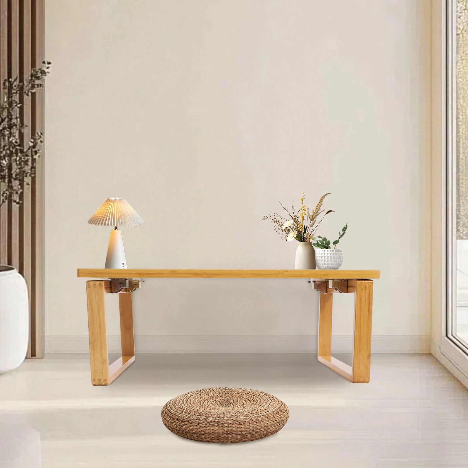 Rechteckiger klappbarer Couchtisch, Beistelltisch aus Bambus, 80 x 50 x 31 cm, Teetisch mit niedrigen Beinen für Wohnzimmer/Heimbüros/Terrasse/Studios – Detail 7
