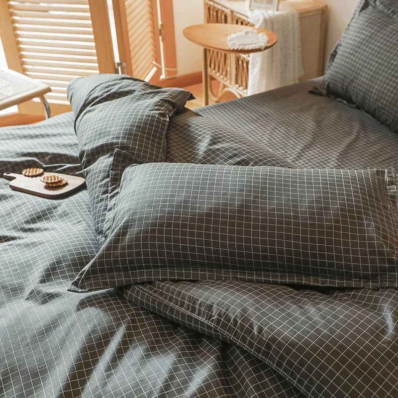 Black White Small Checks Printed Bed Set Floral Duvet Cover Pillowcase Bedding Set Bed Sheet Quilt Cover Single Queen King Size 2