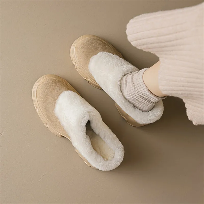 

Winter Cow Suede Women Shoes Wool Mules Platform Shoes for Women Round Toe High Heel Slippers Chunky Heel Slippers Zapatos Mujer