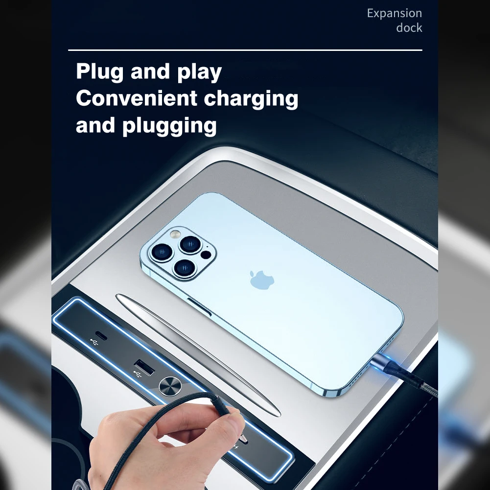 Byscoon For Tesla Model 3 Y 도킹 스테이션 27W 빠른 충전기 USB LED 션트 허브 확장 센터 콘솔 4 포트 스마트 센서